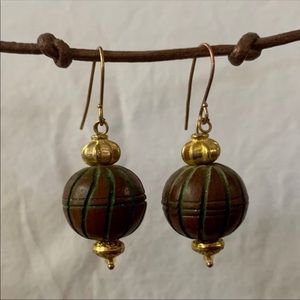 Etched wooden bead and brass dangle earrings